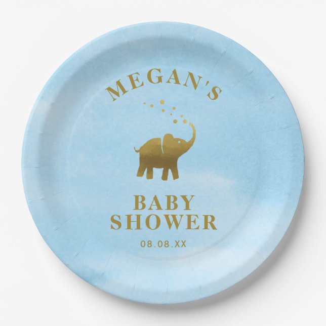 Golden Elephant Blue Watercolor Baby Shower Paper Plates (Front)