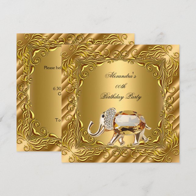 Golden Elephant Elite Elegant Gold Birthday Party Invitation (Front/Back)