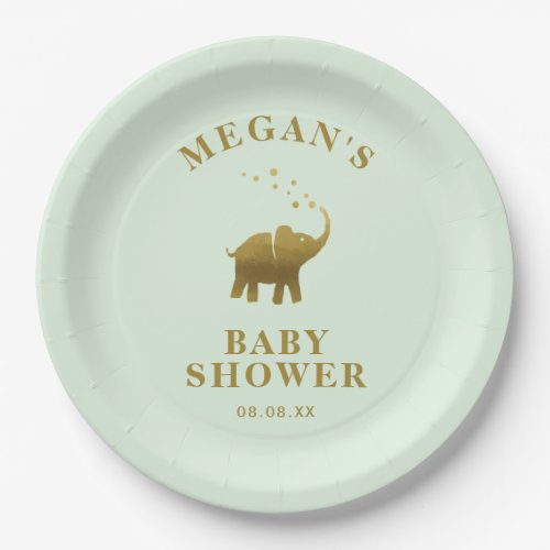 Golden Elephant Mint Green Baby Shower Paper Plates