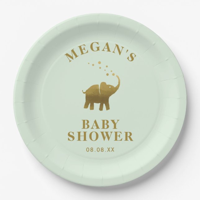 Golden Elephant Mint Green Baby Shower Paper Plates (Front)
