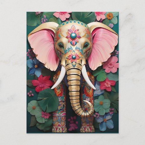 golden elephant with colorful flowers postcard