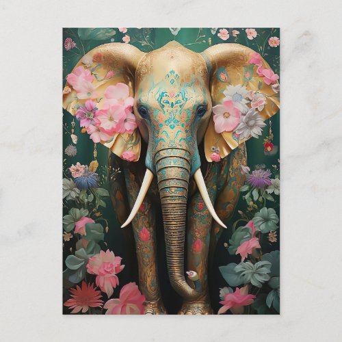 golden elephant with colorful flowers postcard