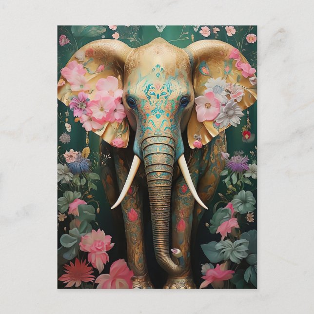 golden elephant with colorful flowers postcard (Front)