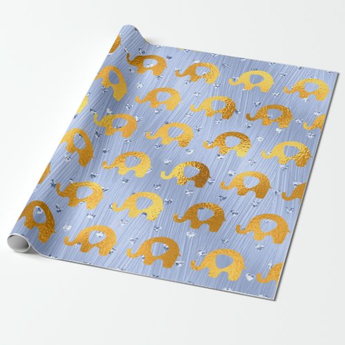 Golden Elephants Baby Boy Blue Sky Blush Wrapping Paper