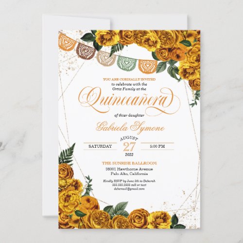 Golden ellow Rose Papel Picado Fiesta Quinceaera Invitation