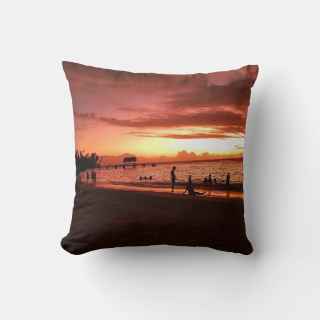 Golden Ember Sunset – Caribbean Beach Glow Throw Pillow (Front)