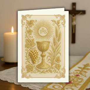 Golden Embossed Chalice Wheat Grapes Priest Letterpress Thank You Card