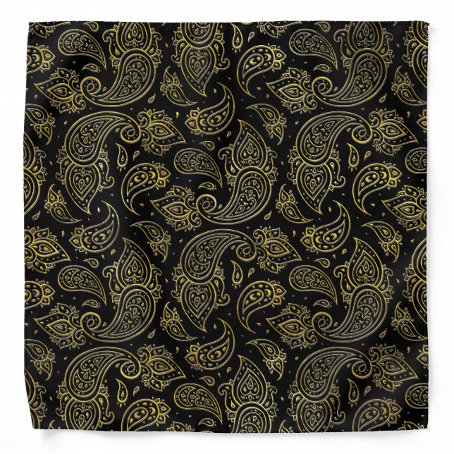 Golden Embossed Paisley pattern on black Bandana (Front)