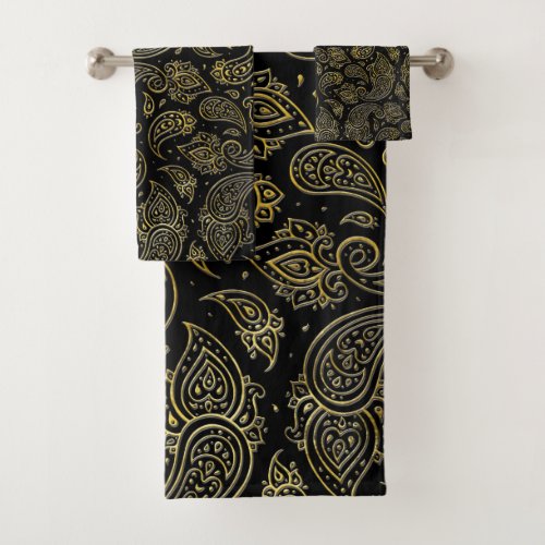 Golden Embossed Paisley pattern on black Bath Towel Set