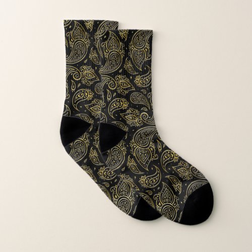 Golden Embossed Paisley pattern on black Socks