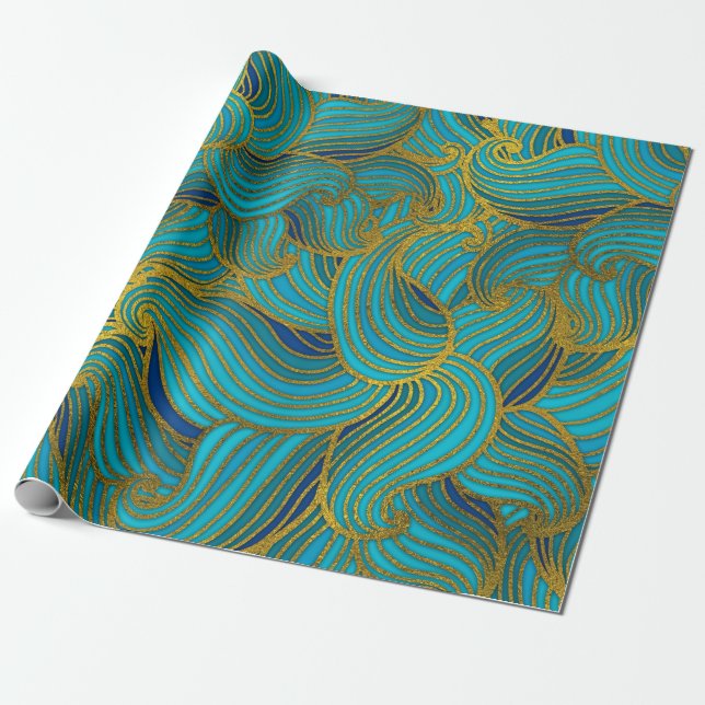 Golden Embossed  Swirl Wave Pattern on Blue Wrapping Paper (Unrolled)