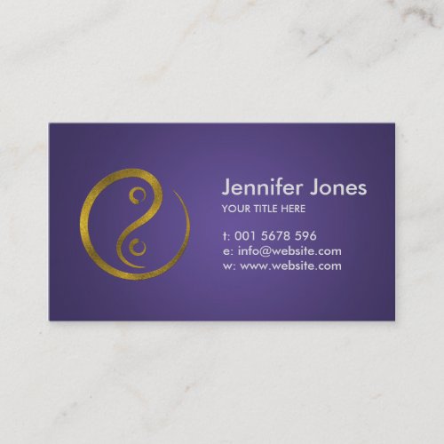 Golden Embossed Yin Yang symbol  on purple Business Card
