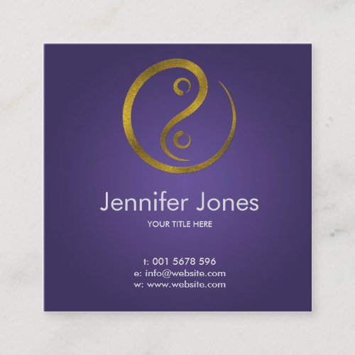 Golden Embossed Yin Yang symbol  on purple Square Business Card
