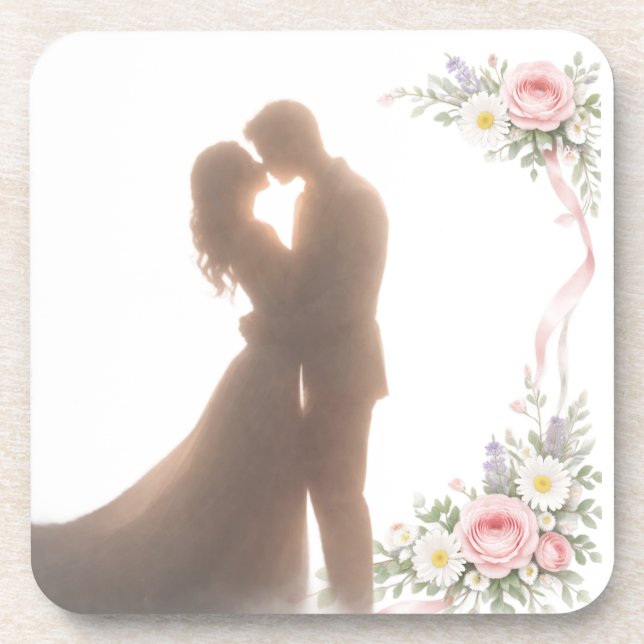 Golden Embrace at Sunset -  Romantic Beverage Coaster (Front)