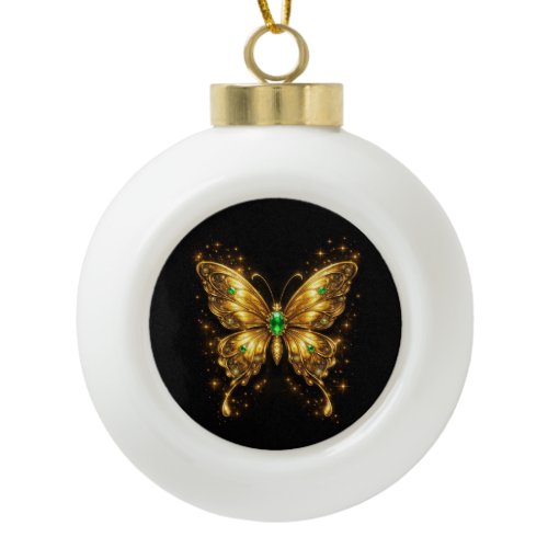 Golden Emerald Crystal Butterfly Ceramic Ball Christmas Ornament