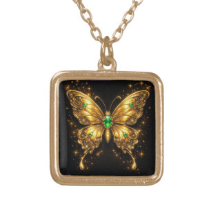 Golden Emerald Crystal Butterfly Gold Plated Necklace