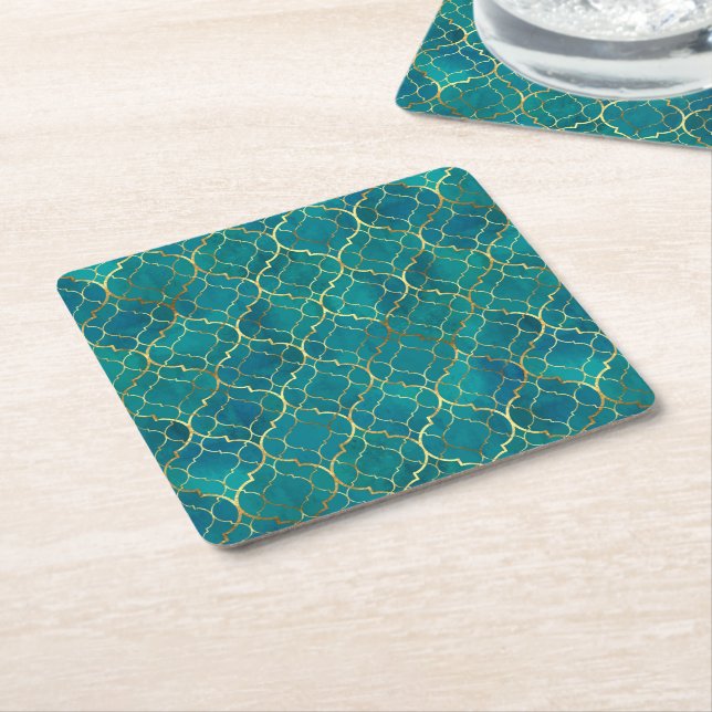Golden Emerald Geometry Square Paper Coaster (Angled)