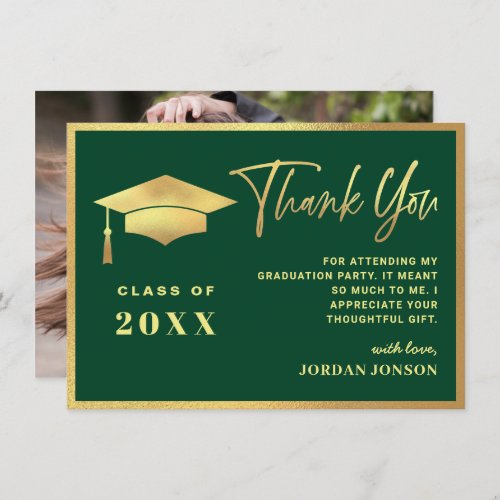 Golden Emerald Green Modern Graduation Photo Thank You Card