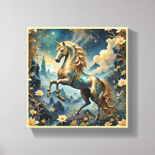 Golden Enchanted Unicorn Fantasy Stretched Canvas Print