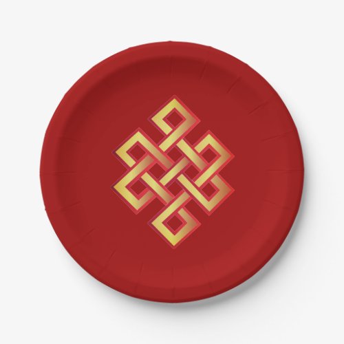 Golden endless knot on burgundy red paper plates