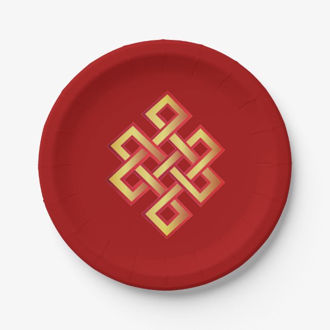 Golden endless knot on burgundy red paper plates (Front)