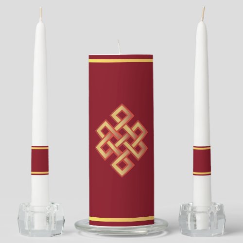 Golden endless knot on burgundy unity candle set