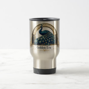 Golden Era Logo with Elegant Peacock Design Travel Mug