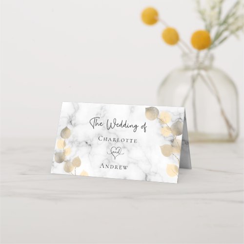 Golden eucalyptus foliage marble wedding place card