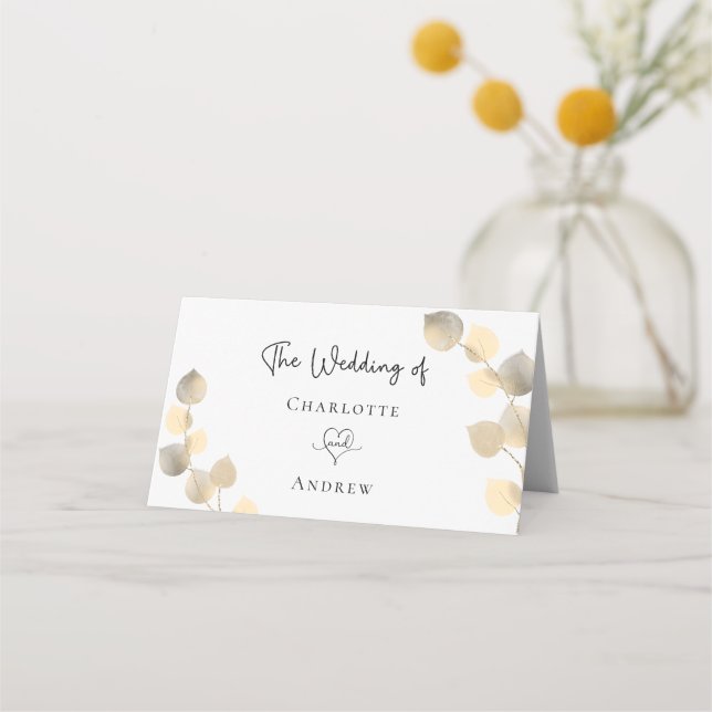 Golden eucalyptus foliage names wedding place card (Back)