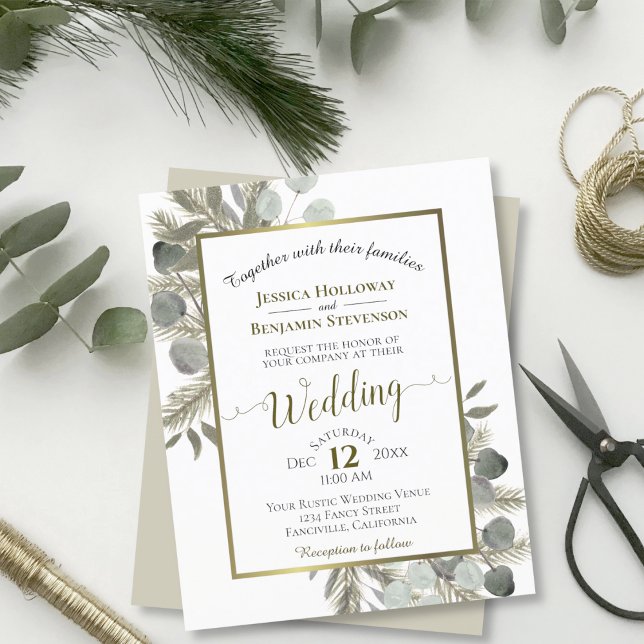 Golden Eucalyptus & Pine BUDGET Wedding Invitation (Creator Uploaded)