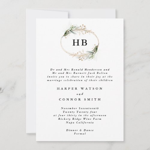 Golden Eucalyptus Wreath Monogram Wedding Invitation