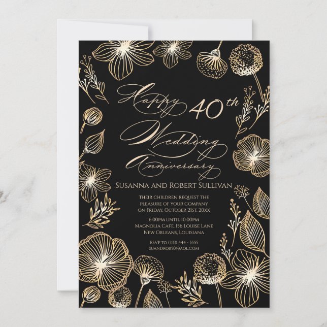 Golden exotic flowers 40th Wedding Anniversary Invitation (Front)