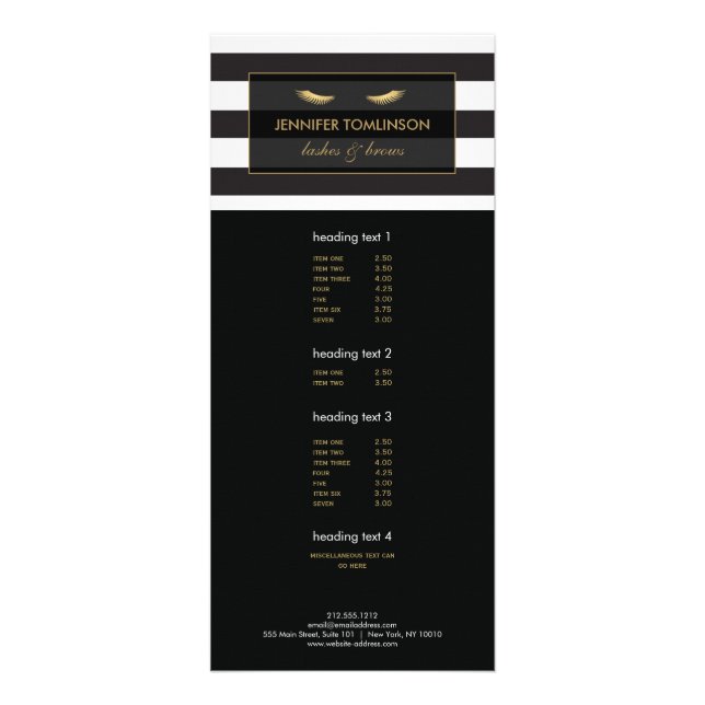 Golden Eyelashes with Black and White Stripes Rack Card (Front)