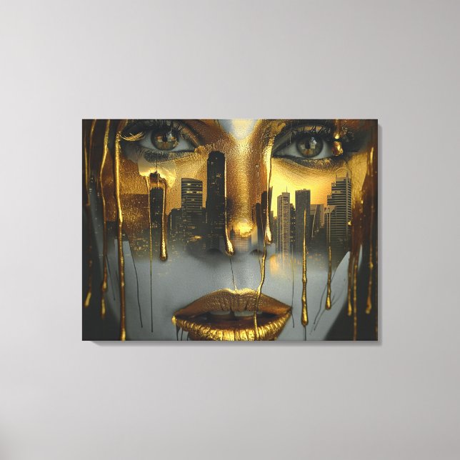Golden Face Surrealist City Urban Digital Art Canvas Print (Front)