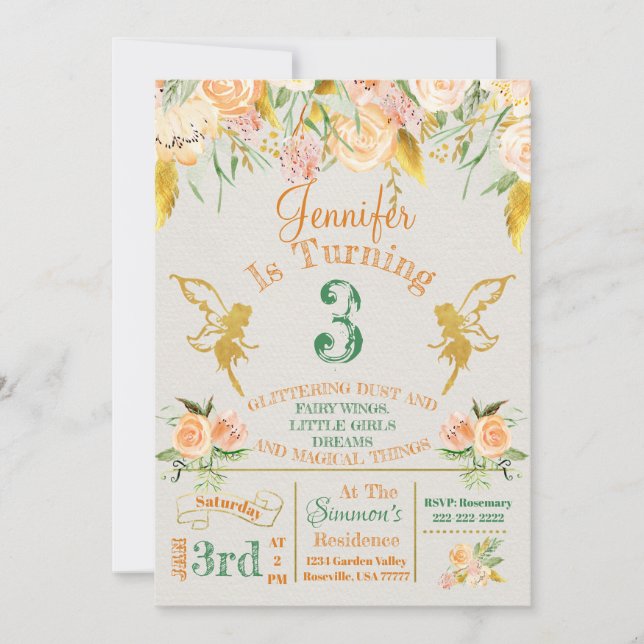 Golden Fairy Floral Birthday Invitation (Front)