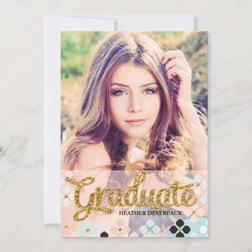 Golden Fake Glitter Senior Photo Graduation Custom Invitation