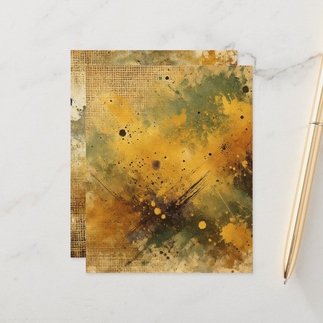 Golden Fall Harvest Distressed Ink Scrapbook Paper (Front/Back In Situ)
