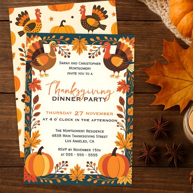 Golden Fall Leaves & Turkeys Thanksgiving Dinner  Invitation (Creator Uploaded)