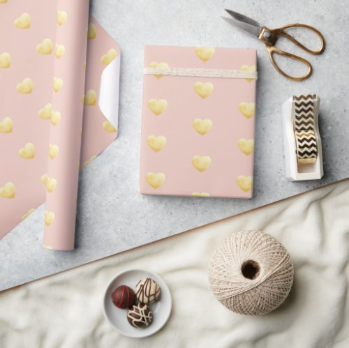 Golden Faux Foil Hearts Pattern on Blush Pink Wrapping Paper