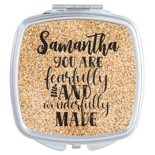 Golden Faux Glitter Christian Quote Fearfully Made Compact Mirror
