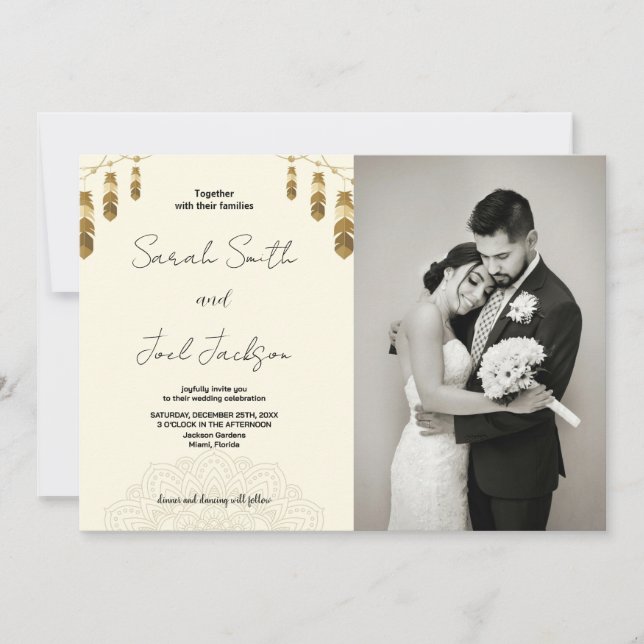 Golden Feather and Art Beige Wedding with photo Invitation (Front)