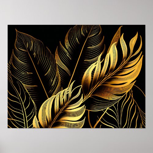 Golden feather leaves on black background poster