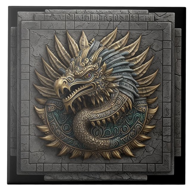 Golden Feathered Serpent Relief Effect Ceramic Tile (Front)