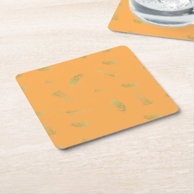 Golden Feathers Marigold  Square Paper Coaster (Angled)