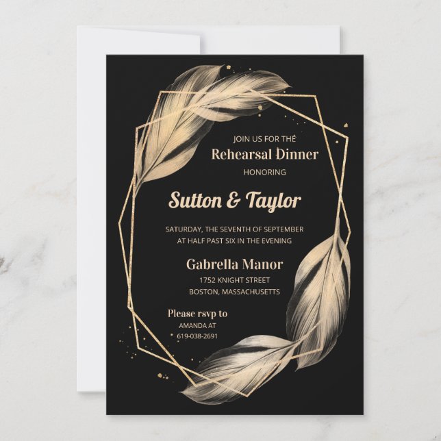 Golden Feathers on Black Rehearsal Dinner Invitation (Front)