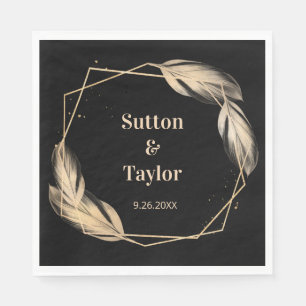 Golden Feathers on Black Rehearsal Dinner Napkins
