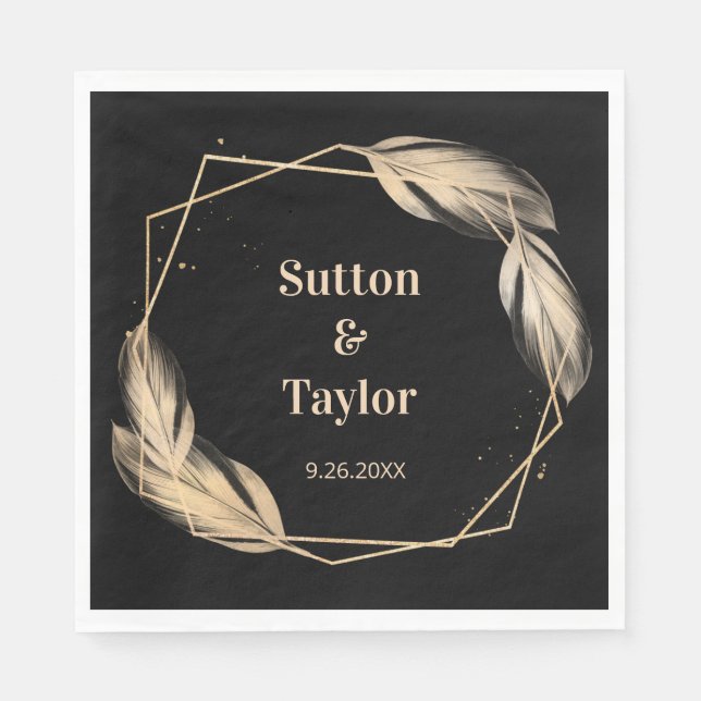 Golden Feathers on Black Rehearsal Dinner Napkins (Front)