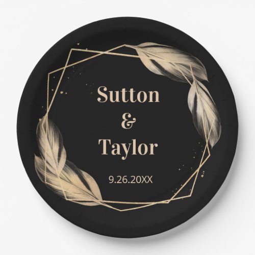 Golden Feathers on Black Rehearsal Dinner Paper Plates
