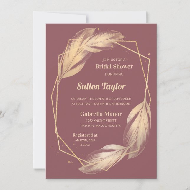 Golden Feathers on Mauve Bridal Shower Invitation (Front)