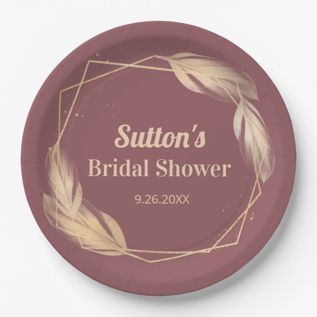 Golden Feathers on Mauve Bridal Shower Paper Plates (Front)